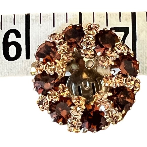 Weiss Rhinestone Clip-On Earrings Circular Gold Tone Amber Color & Clear VTG - Picture 7 of 8